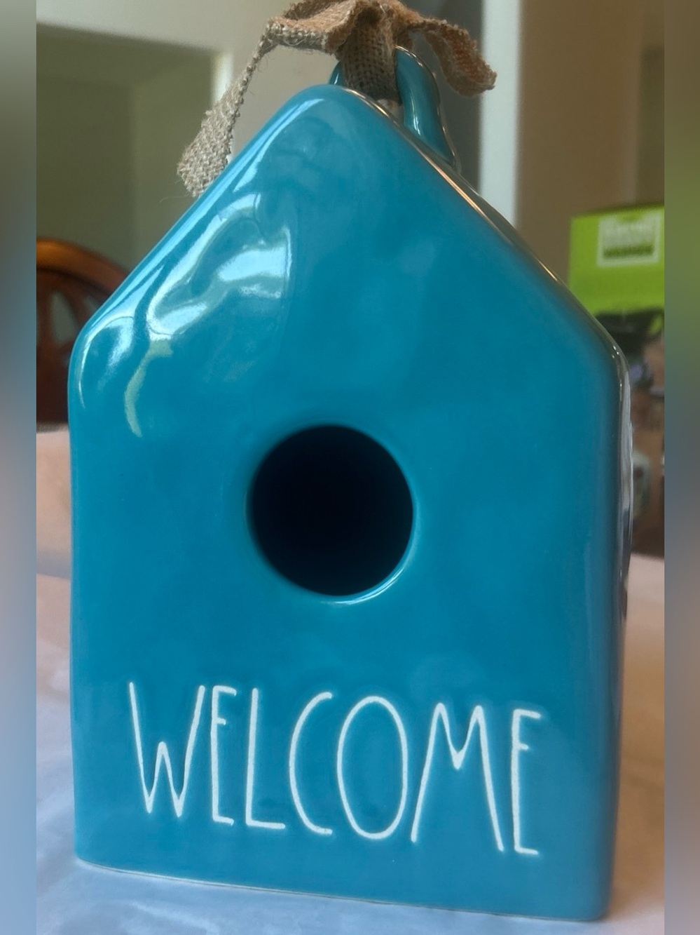 Rae Dunn Teal Blue "WELCOME" Ceramic 8” Bird House Decor NWT
